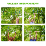 Flybold Obstacle Course for Kids - 40 Ft Ninja Warrior Slackline Kit with 8 Adjustable Obstacles - Tree Protectors, Twin Gear Ratchets, Carry Bag - Complete Outdoor Adventure Set flybold