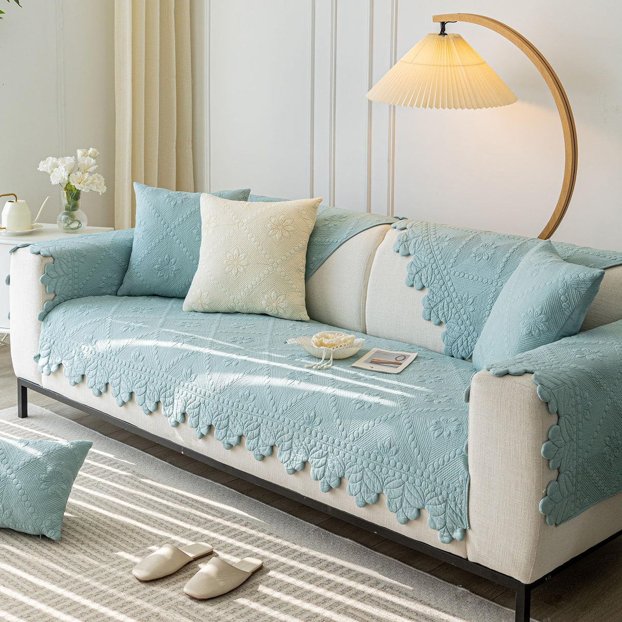 XSlive Cotton Quilted Dog Couch Cover for Sofa Farmhouse Rustic Embroidery Sectional Couch Cover Soft Anti-Slip Sofa Slipcover Furniture Protector for Kids, Pets (Blue,28"x28") XSlive