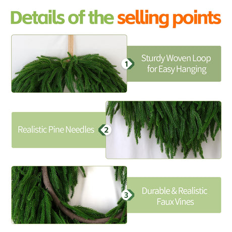 24" Norfolk Pine Christmas Wreath for Front Door – Large Artificial Greenery Wreath for Wall, Porch, or Indoor Outdoor Holiday Decor – Real Touch Pine Foliage (1, 24") QIANYUN