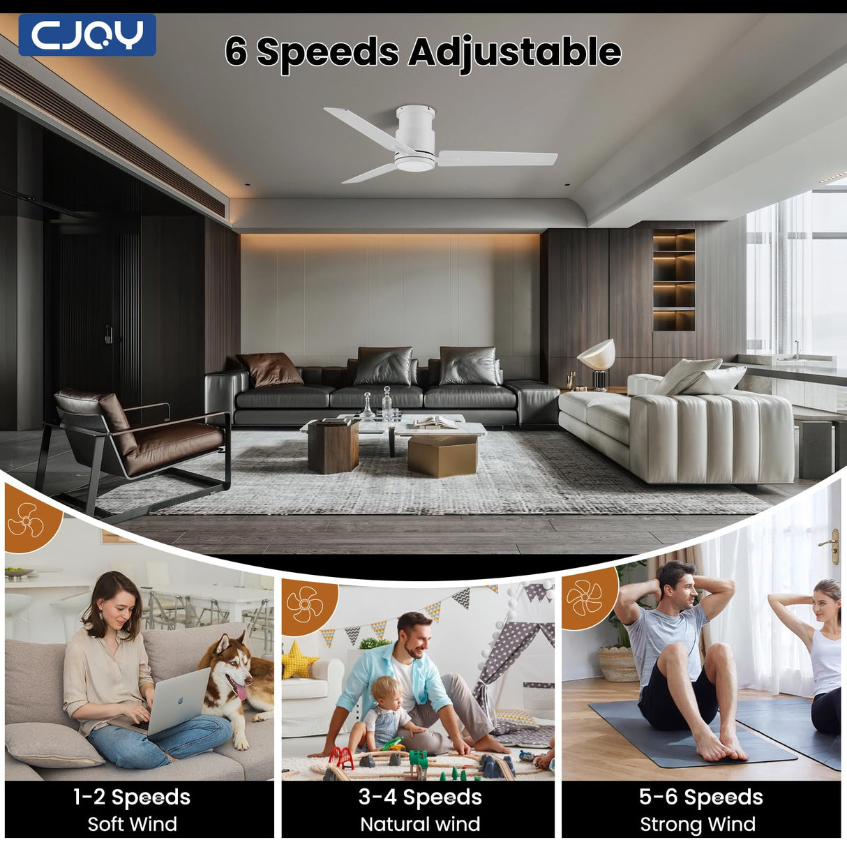 CJOY Ceiling Fan with Lights, 48 Inch Low Profile Ceiling Fans with Light and Remote, Reversible DC, Flush Mount, 3CCT，Dimmable, Modern Indoor/Outdoor Design for Bedroom, Living Room, Patio, Kitchen CJOY