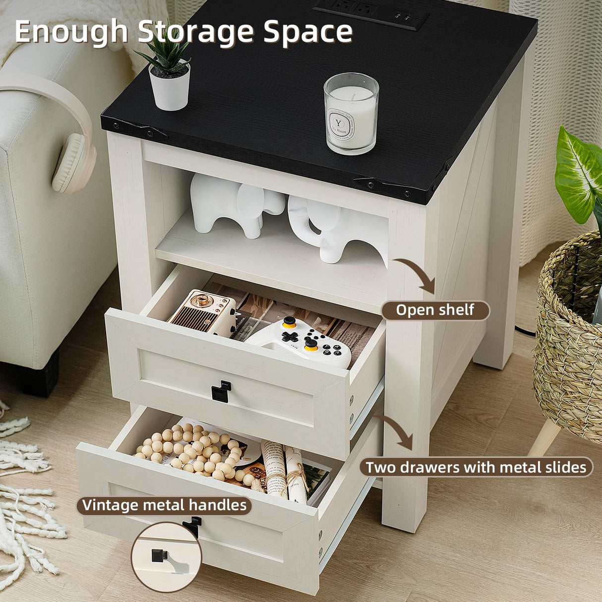 Joaxswe Nightstand with Charging Station and USB Port, Farmhouse Night Stand with 2 Drawers and Shelf Storage, Wooden Side End Table, Bedside Cabinet for Bedroom, Living Room, Closet, Office (White) Joaxswe