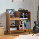 affeivul Mid-Century Vinyl Storage Cabinet Table with Solid Wood Legs, Turntable Stand with Power Outlet Holds up to 200 Albums, Record Player Holder Display Shelf, End Table for Bedroom Living Room affeivul