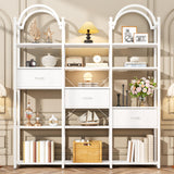 Nosepen 83.5" Tall Arched Bookshelf with 3 Drawers and 13 Storage Shelves, Industrial Open Book Shelf with Display Shelves, Large Etagere Bookshelf, Triple Wide Book Case for Home & Office, White Nosepen