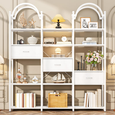 Nosepen 83.5" Tall Arched Bookshelf with 3 Drawers and 13 Storage Shelves, Industrial Open Book Shelf with Display Shelves, Large Etagere Bookshelf, Triple Wide Book Case for Home & Office, White