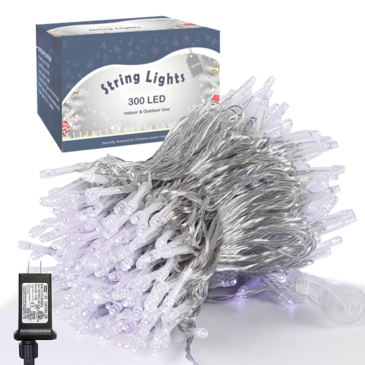 LJLNION 300 LED String Lights Outdoor Indoor, Extra Long 98.5FT Super Bright Christmas Lights, 8 Lighting Modes, Plug in Waterproof Fairy Lights for Holiday Wedding Party Bedroom Decorations ( White) LJLNION