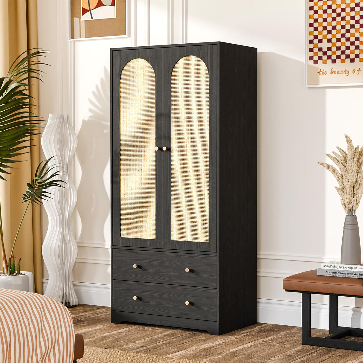 VINGLI Wardrobe Closet with Doors, Rattan Armoire Closet with Drawers & Hanging Rod, Armoire with Shelves, Wooden Wardrobe for Hanging Clothes, Black, 68.9" H VINGLI