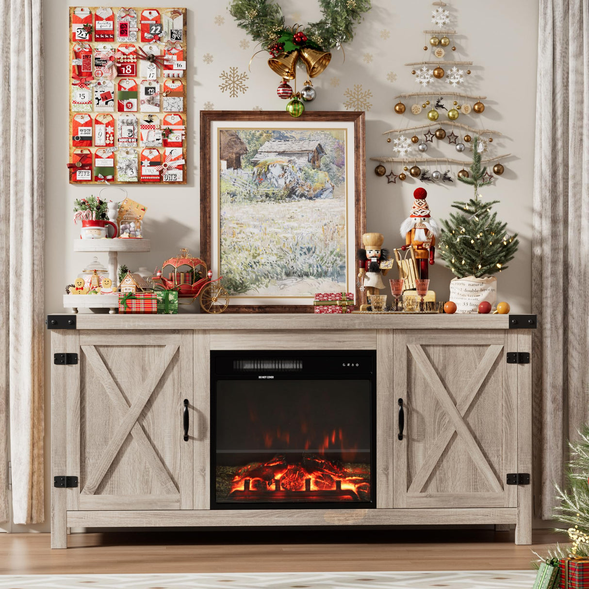 Furmax Fireplace TV Stand for Up to 65 Inches TVs, Farmhouse Entertainment Center with Grooved Barn Doors, Rustic Media Console Table with Storage Cabinets for Living Room (Natural Oak) Furmax