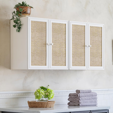 Furnaza Rattan Wall Cabinets Set - Kitchen Wall Mounted Storage Cabinets with 2 Paper Rattan Doors and Shlelf Adjustable in Laundry or Bathroom Over The Toilet,One Set of 2 Pcs, in White Furnaza