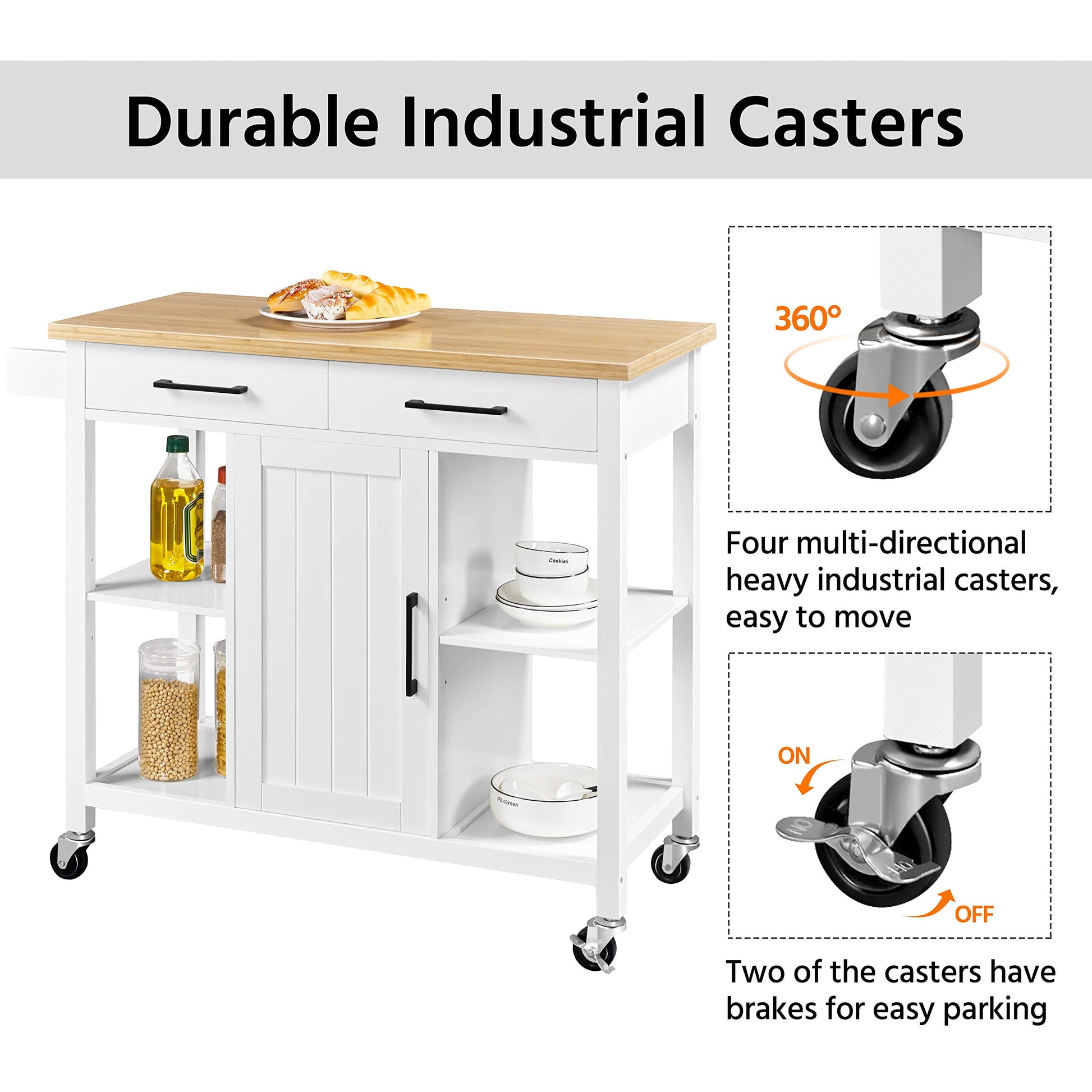 Yaheetech Kitchen Island Cart with Bamboo Countertop, Rolling Kitchen Storage Trolley with 2 Drawers and Adjustable Shelves, Compartment Cabinets and Towel Bar, 38.5x18x36 Inches, White - WoodArtSupply