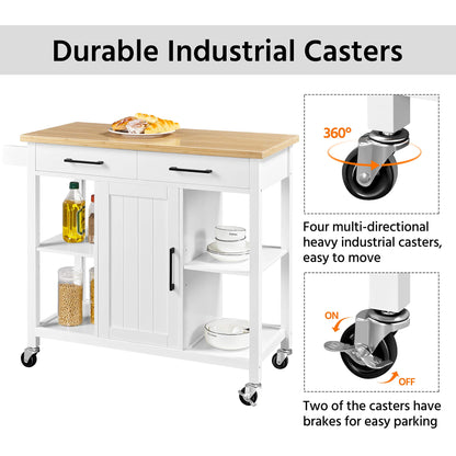 Yaheetech Kitchen Island Cart with Bamboo Countertop, Rolling Kitchen Storage Trolley with 2 Drawers and Adjustable Shelves, Compartment Cabinets and Towel Bar, 38.5x18x36 Inches, White - WoodArtSupply