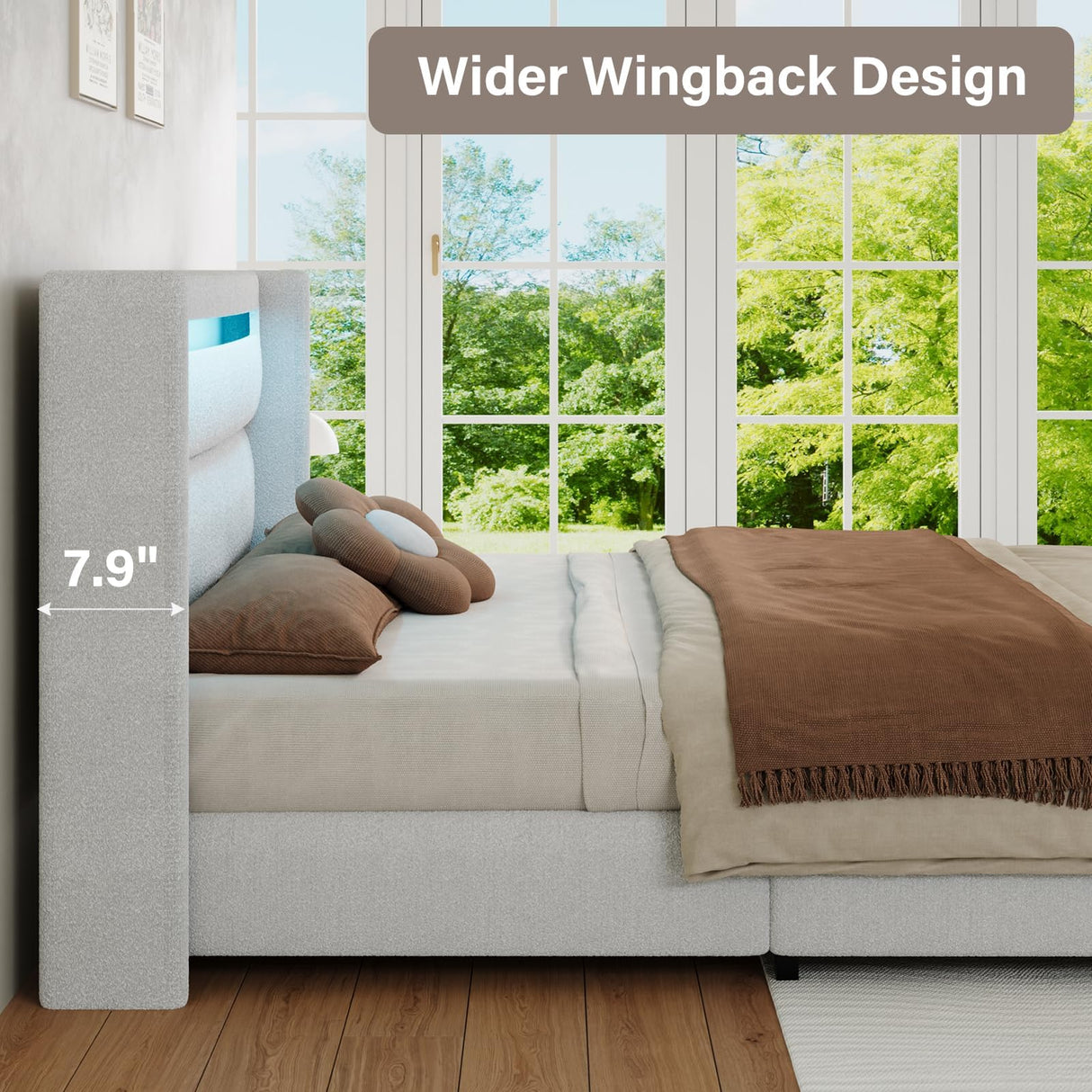 HOMBCK Twin Size Bed Frames with Headboard and LED Lights, Boucle Upholstered Platform Bed with Wingback Design, Modern Soft Bed Frame, No Box Spring Needed, Easy Assembly, White HOMBCK