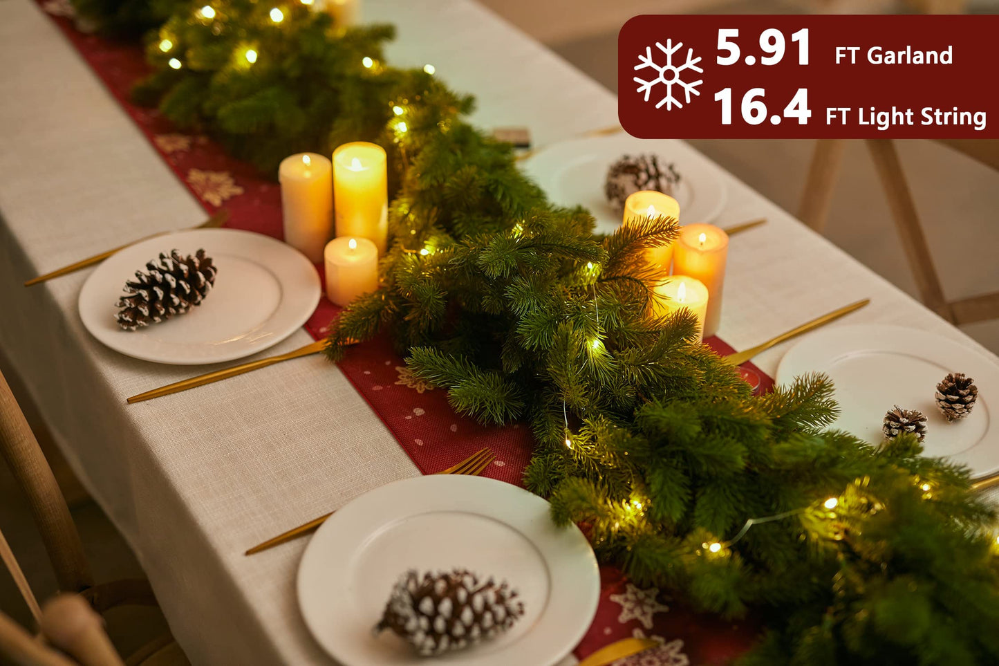 6FT Christmas Garland PARTY JOY Pine Garland with 9.8FT LED Lights String, Greenery Plant for Christmas Decorations Table Mantle Background Wall Room Outdoor Indoor Winter Decoration