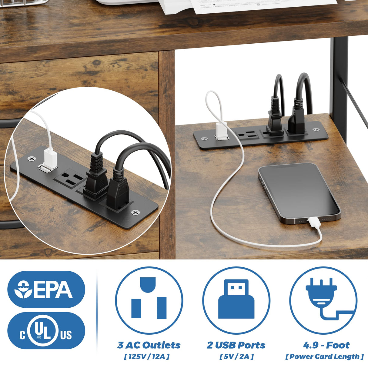 Lulive File Cabinet for Home Office, Filing Cabinet with Lock and USB Charging Port, 3 Drawer File Cabinet, Rolling File Cabinet with Storage for A4, Letter Size, Rustic Lulive