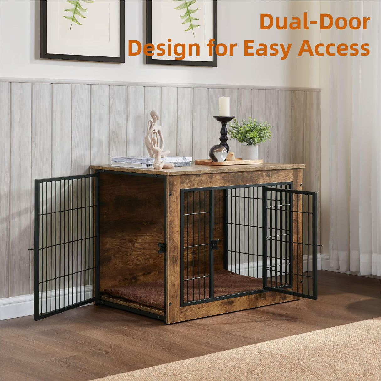 Wooden Dog Kennel Furniture, Heavy Duty Dog Cage, 40" Dog Kennel with Double Doors, Dog Crates for Large Dogs, Rustic Brown SMEFNOS