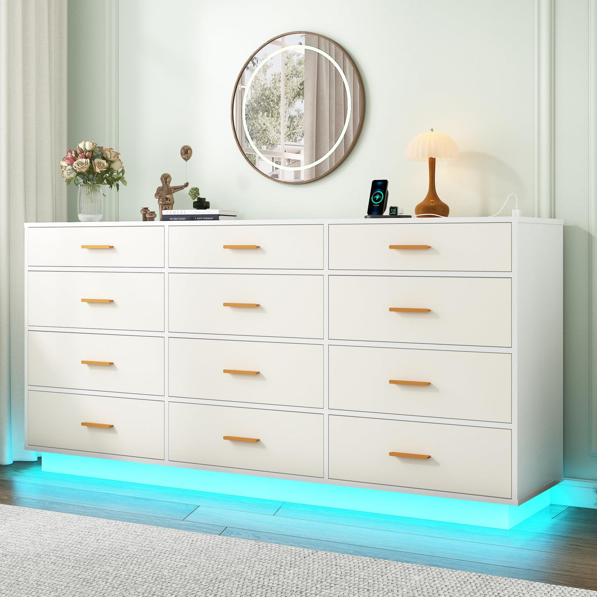 chartustriable 12 Drawers Dresser w/Power Outlet,60000-Colors Lights for Bedroom,63" Long Wooden Dresser Chest W/Anti-toppling Design,Metal Handles of Drawers for Living Room,Hallway, Entryway(White) chartustriable
