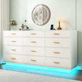 chartustriable 12 Drawers Dresser w/Power Outlet,60000-Colors Lights for Bedroom,63" Long Wooden Dresser Chest W/Anti-toppling Design,Metal Handles of Drawers for Living Room,Hallway, Entryway(White) chartustriable