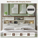 Farmhouse King Size Bed Frame with 54" Tall Storage Bookcase Headboard, Wood Platform Bed Frame with 2 Drawers & 18" Tall Roman Column Decoration Footboard, No Box Spring Needed(Antique White) T4TREAM