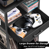 LELELINKY Record Player Stand with Fabric Drawer, 3 Tier AV Media Stands with Charging Station and USB Ports,Turntable Rack with Storage Up to 100 Vinyl Albums, Black DVD Video Game Console Shelf LELELINKY