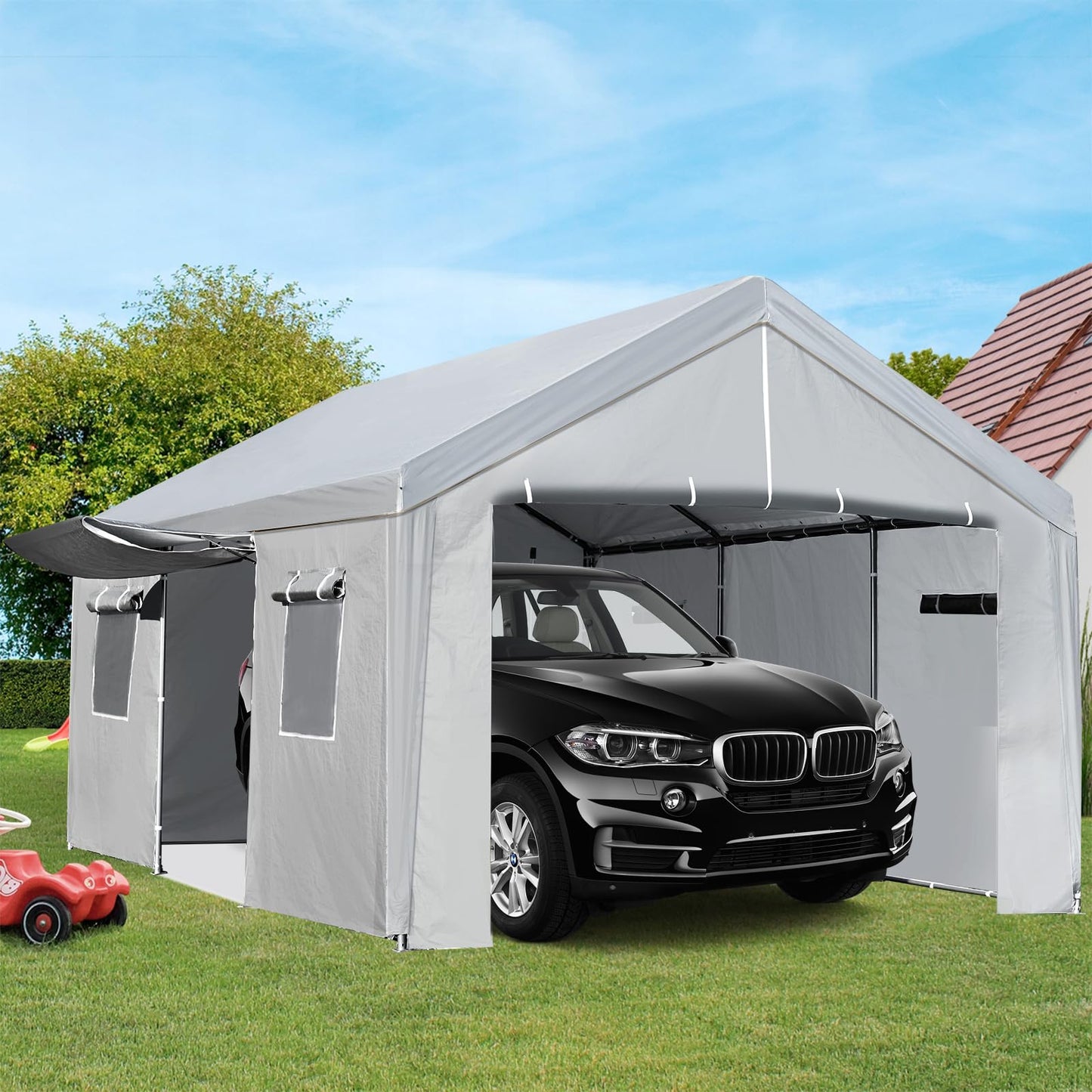 ACONEE Carport 13×20 FT Portable Garage, Heavy Duty Garage Car Port Canopy with Roll-up Doors & Ventilated Windows, Outdoor Boat Shelter Tent Waterproof All-Season Tarp for Pickup Truck, Grey