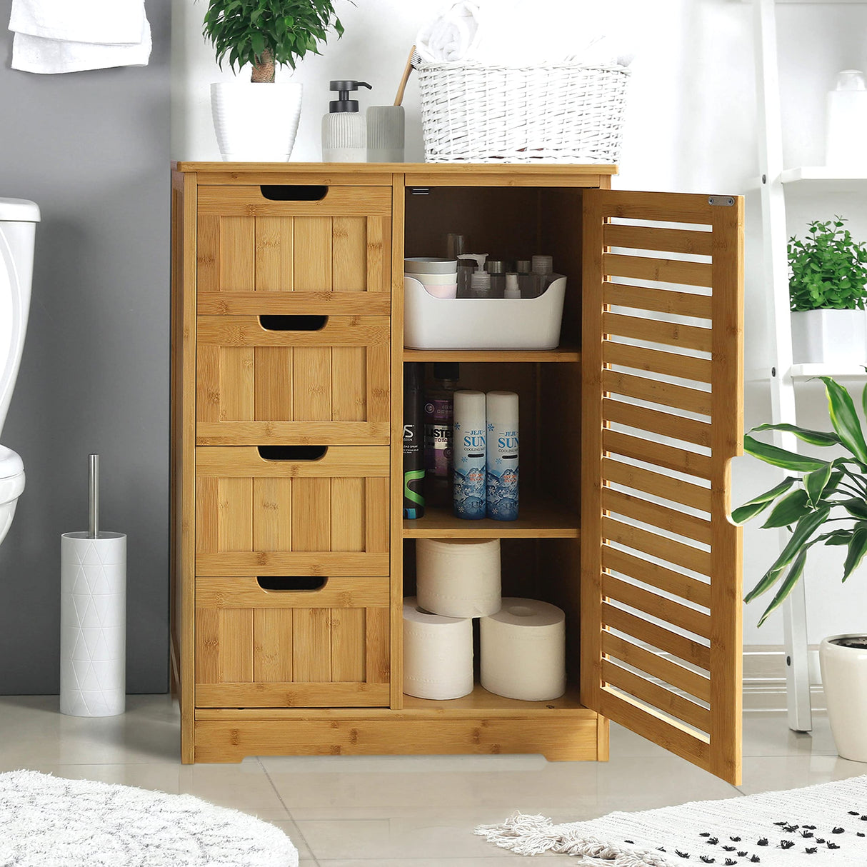 VEIKOU Bathroom Storage Cabinet with 4 Drawers, Freestanding Bamboo Cabinet with 2 Removable Shelves, Living Room Organizer Storage Cabinet, Natural VEIKOU