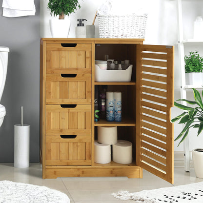 VEIKOU Bathroom Storage Cabinet with 4 Drawers, Freestanding Bamboo Cabinet with 2 Removable Shelves, Living Room Organizer Storage Cabinet, Natural - WoodArtSupply