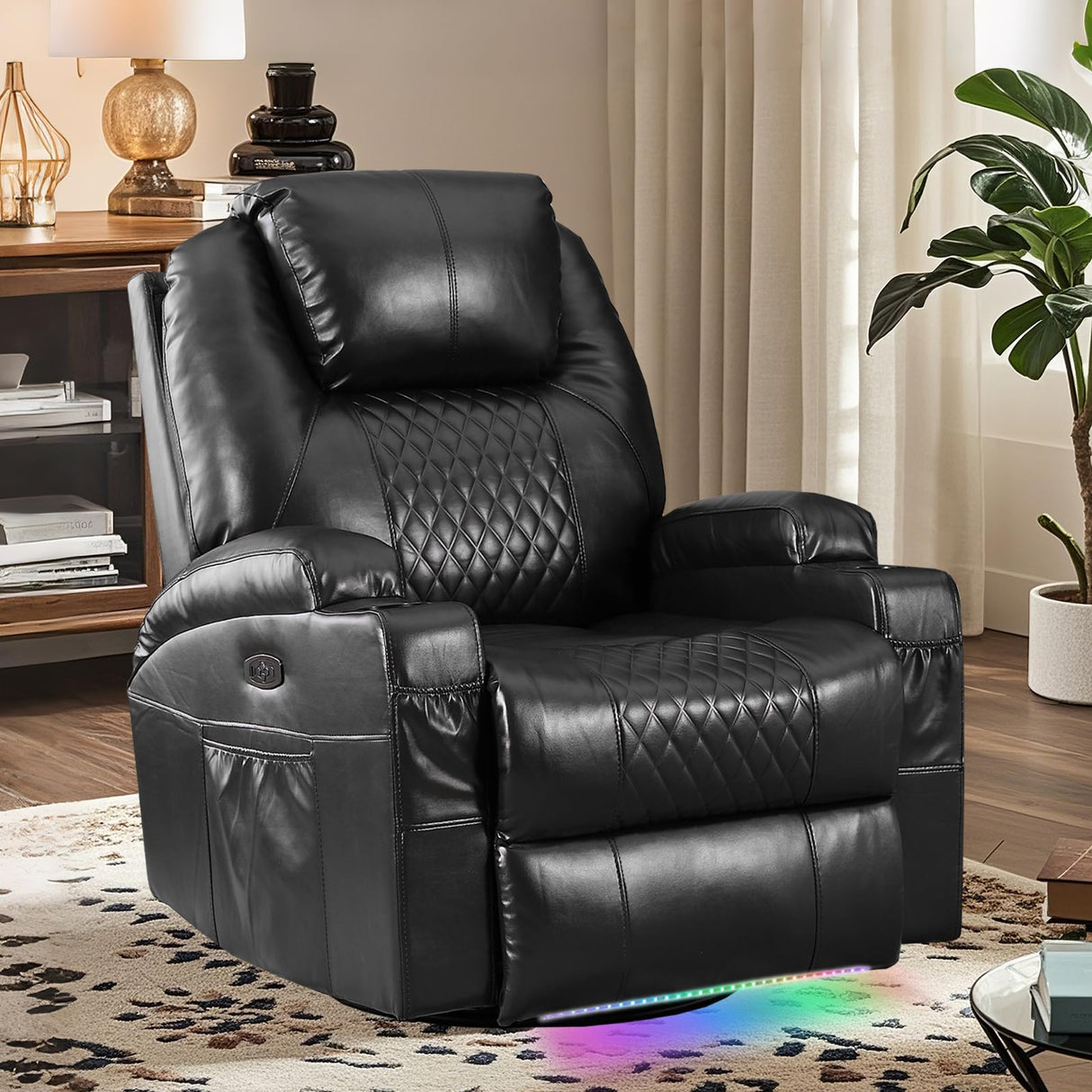 IBTKIG Power Swivel Rocker Recliner Chair with Massage and Heat/LED Lights/USB and Type-C Ports/Infinite Position/Cup Holder, Electric Glider Reclining Sofa for Nursery Living Room (1, Black) IBTKIG