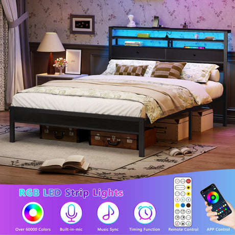 Furnulem Queen Bed Frame with Headboard & 2 Fabric Drawers, Bed Frame Queen Size Featuring LED Lights, Built-in Charging Station & Storage Shelves, Metal Slats, No Box Spring Needed – Black Oak Furnulem