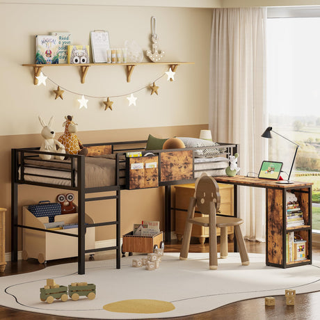 LIKIMIO Low Loft Bed Twin Size, Metal Loft Bed Frame with Desk & Shelves, with Charging Station, 25 Heavy Duty Steels Support Slats, Twin Bed Frames with Safety Guardrails and Ladder, Vintage Brown LIKIMIO