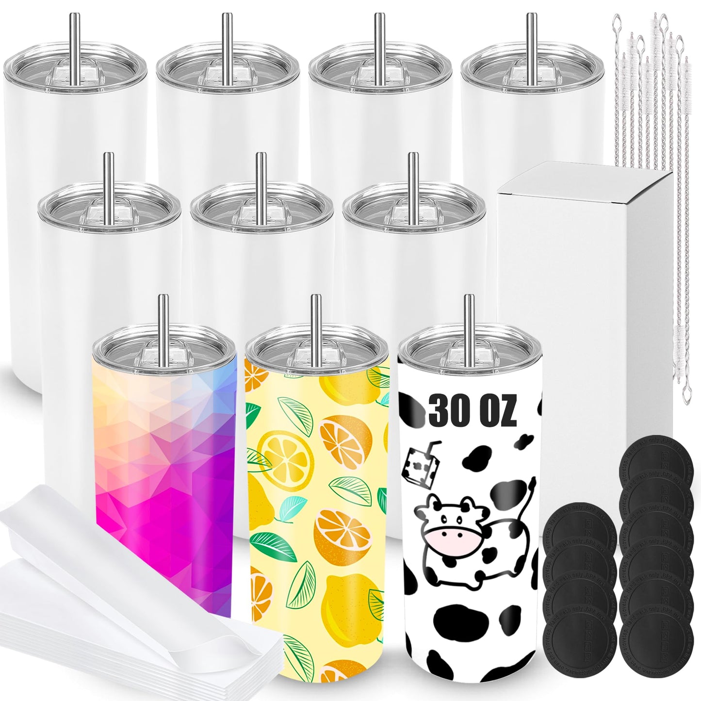 Joyclub Sublimation Tumblers 30 oz Blank Tumblers for Sublimation Skinny Bulk Double Wall Insulated Cups with Individually Gift Boxed and Shrink Wrap Films for Heat Transfer 10 Pack