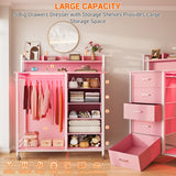 Cyclysio Dresser for Bedroom with Clothes Rack & Shelves, Pink 5 Drawers Dresser with Charging Station & LED Lights, Chest of Drawers with Lockable Wheels, Storage Shelves, Bedroom, Closet,Entryway Cyclysio