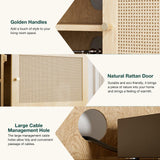 ZttRiee TV Stand for TVs up to 65'', Entertainment Center with Rattan Door, Shelves & 2 Cabinets, Long Boho Media TV Console for Living Room, Natural ZttRiee