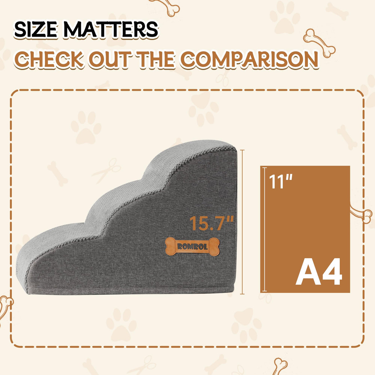 Romrol Dog Stairs Ramp for Beds Couches, Extra Wide Pet Steps with Durable Non-Slip Waterproof Fabric Cover, Dog Slope Stairs for Small Dogs and Cats or Pets Friendly, 3-Tiers ROMROL