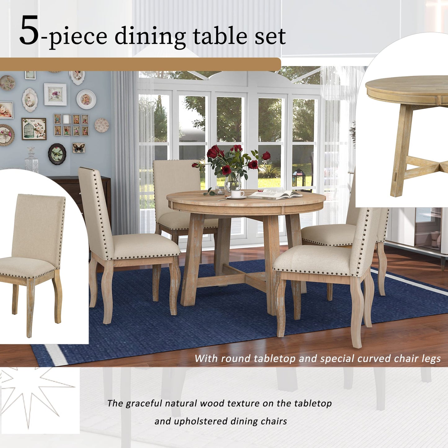 Harper & Bright Designs 5-Piece Farmhouse Dining Table Set Wood Round Extendable Dining Table and 4 Upholstered Dining Chairs (Natural Wood Wash)