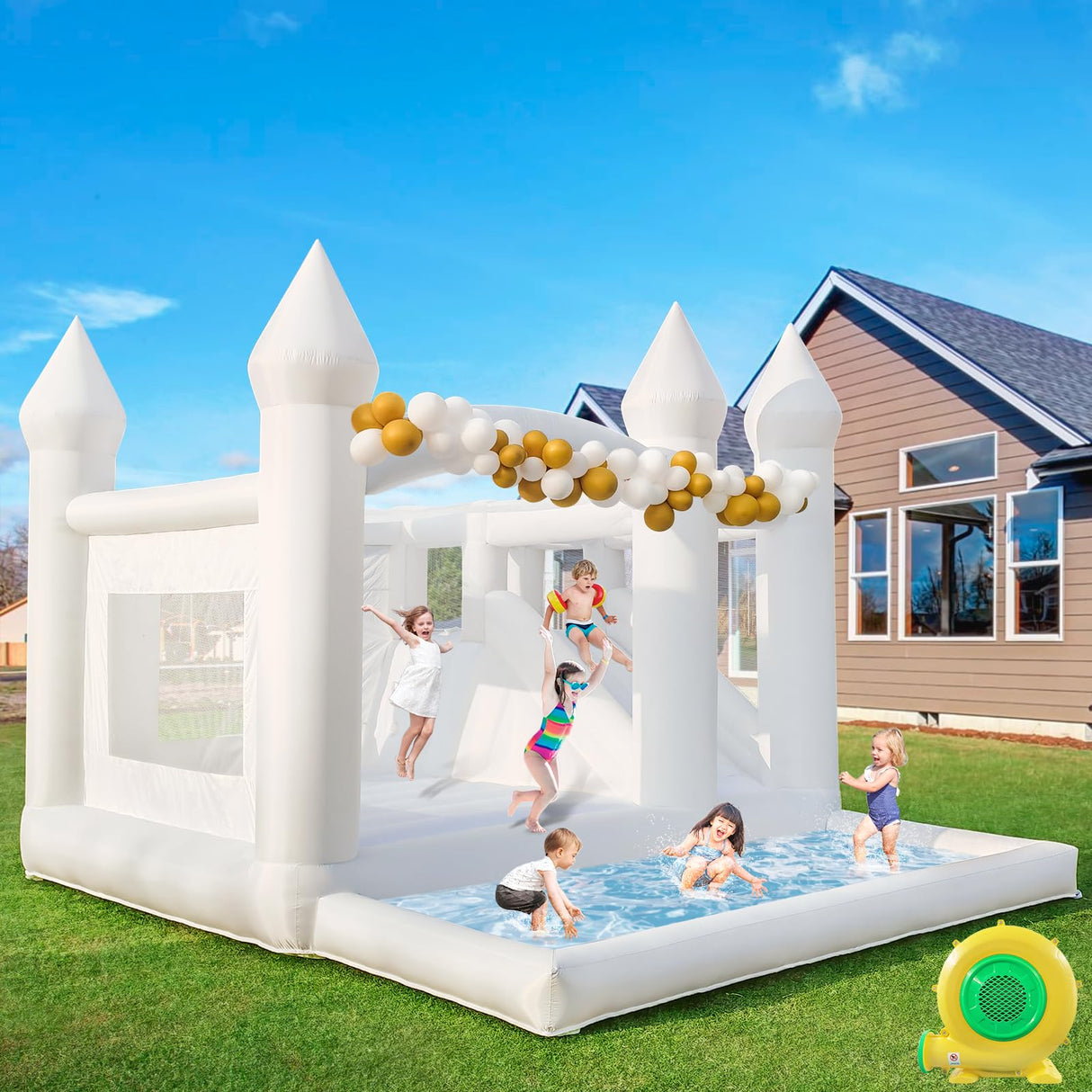 iLink-outer White Bounce House for Big Kids 8-12 with Slide Ball Pit Blower White Oxford Inflatable 15FTx 14FT Kids Birthday Party, Robust and Easy to Install with Repair Kit iLink-outer