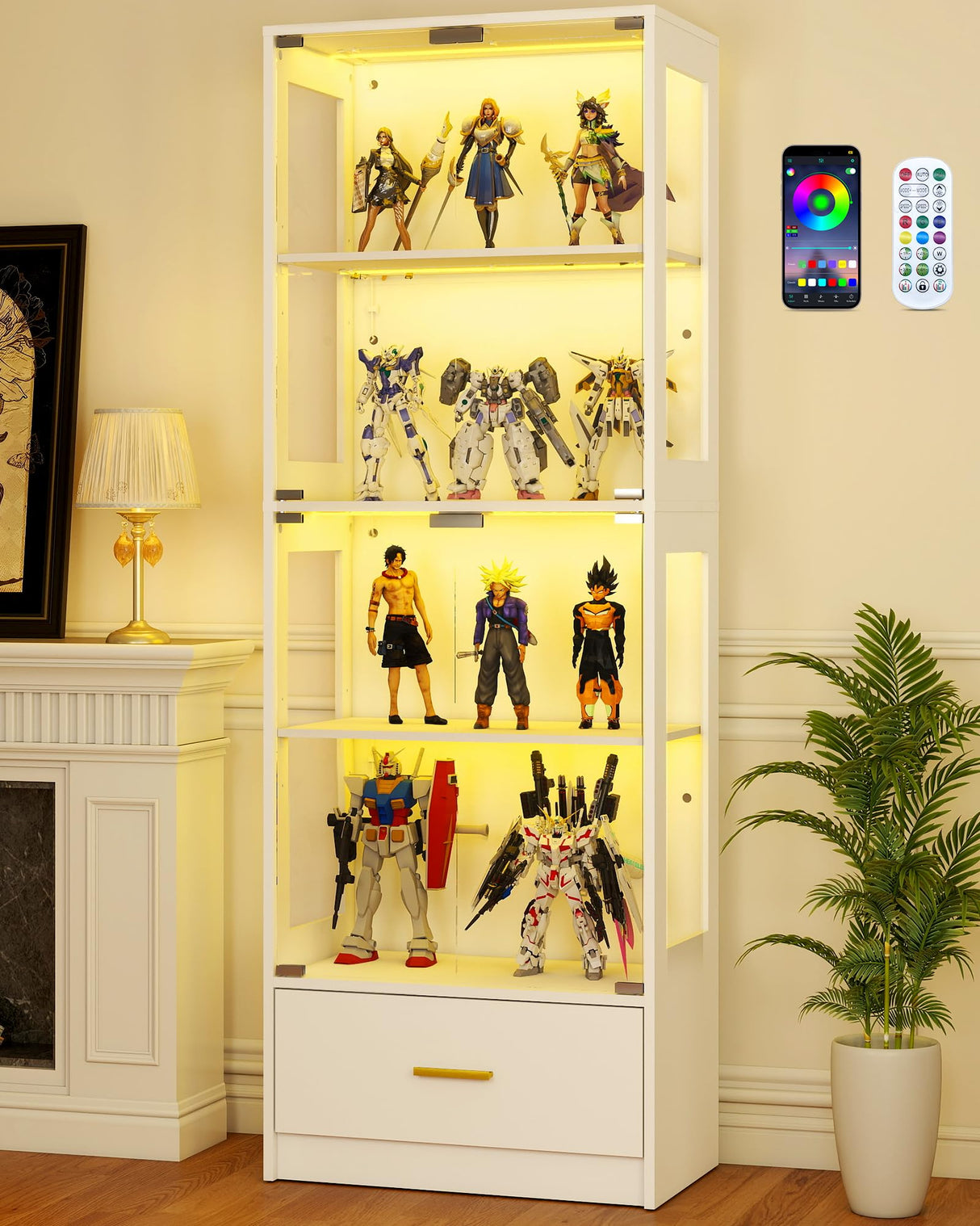 Lamtor Glass Display Cabinet with Doors - Curio Cabinet with Dynamic LED Lights for Collectibles, 67" Display Case with 4 Tier and Drawer for Figure, Toys, Books, White(Narrow) Lamtor