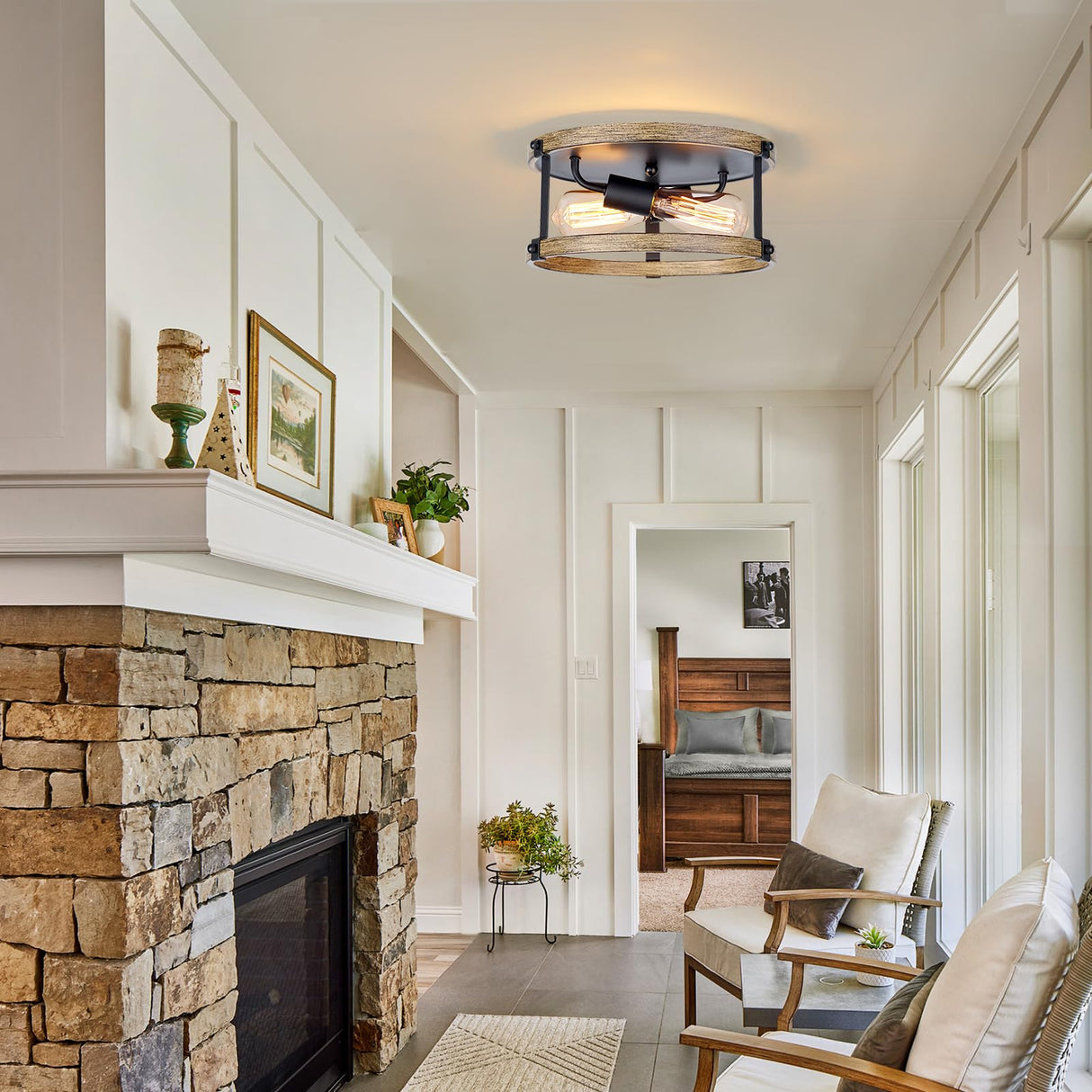 2 Pack Farmhouse Ceiling Light Fixture,E26 Base 2-Light Hallway Ceiling Light Fixtures,Black and Wood Flush Mount Ceiling Light for Kitchen Entryway Porch Etc Closet ZSANZYU