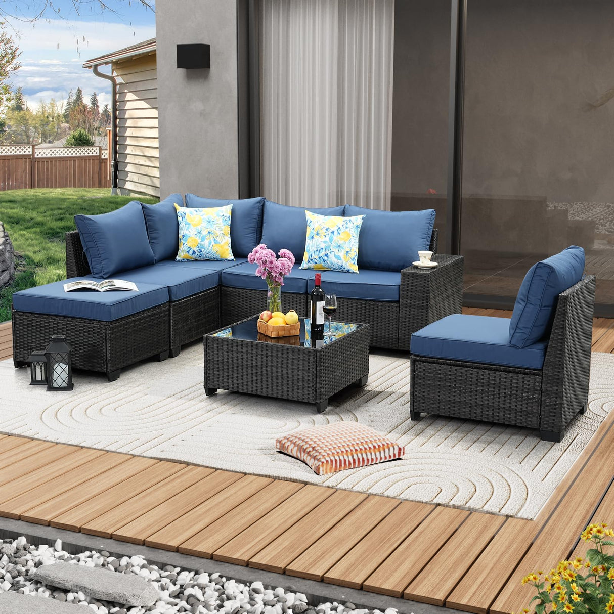 JOYURE 7 Pieces Patio Furniture Set All-Weather Outdoor Wicker Sectional Conversation Sofa Rattan Patio Seating Sofa with Cushion and Glass Table and Ottoman for Porch Poolside,Navy JOYURE