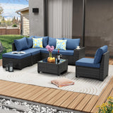 JOYURE 7 Pieces Patio Furniture Set All-Weather Outdoor Wicker Sectional Conversation Sofa Rattan Patio Seating Sofa with Cushion and Glass Table and Ottoman for Porch Poolside,Navy JOYURE