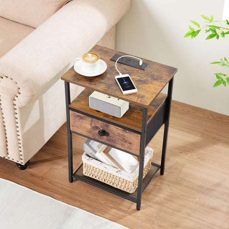 LOAKEKEL Night Stand Set 2, Nightstand with Charging Station, End Tables Living Room with Fabric Drawer for Small Spaces, Side Tables with Storage Shelf for Bedroom, Rustic Brown HETS010PBR LOAKEKEL