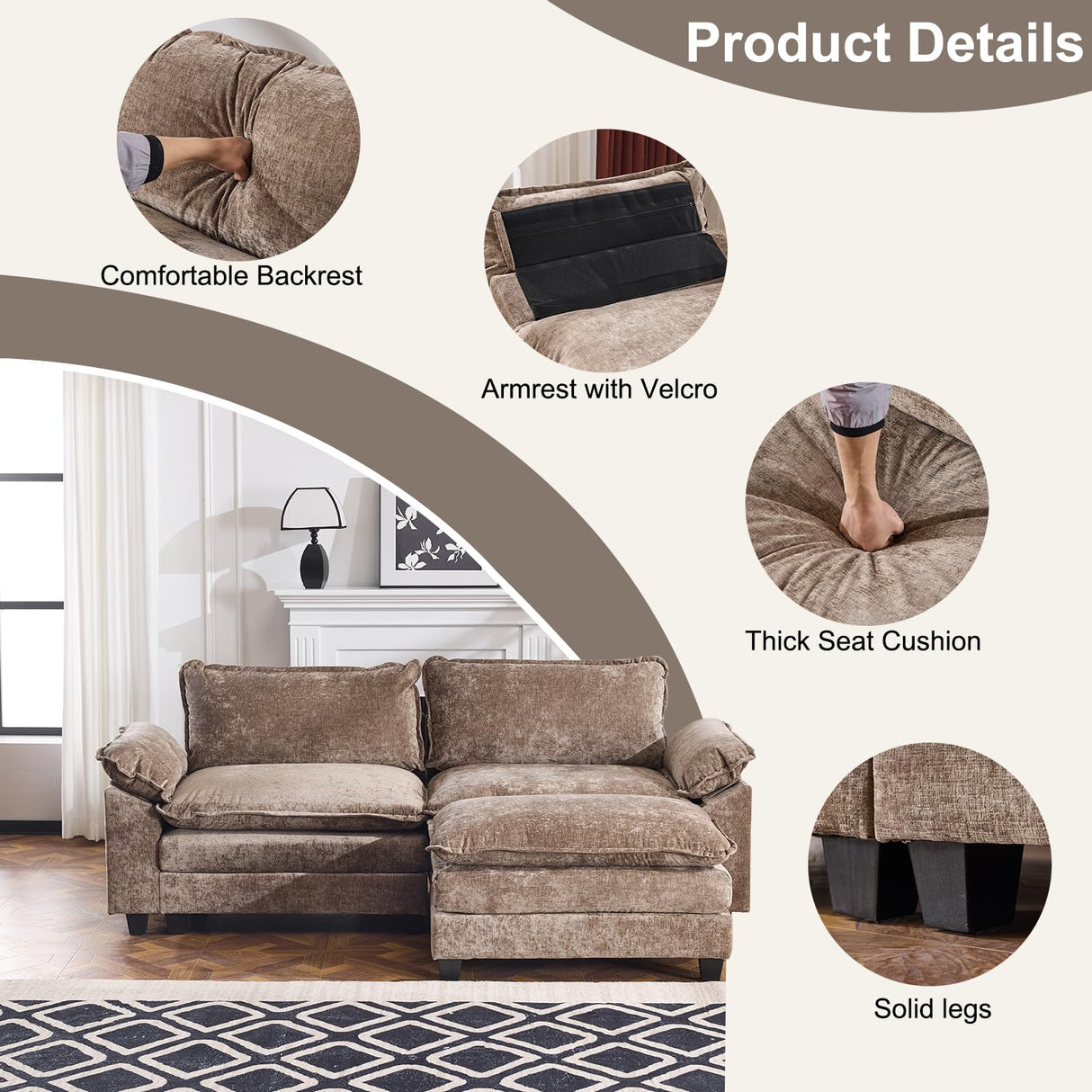 Karl home 87" Sectional Couch 2-Seat Deep Sofa Couch with Ottoman Modern L Shape Sectional Sofa Chenille Upholstered for Living Room, Apartment, Studio, Office, Light Brown Karl home