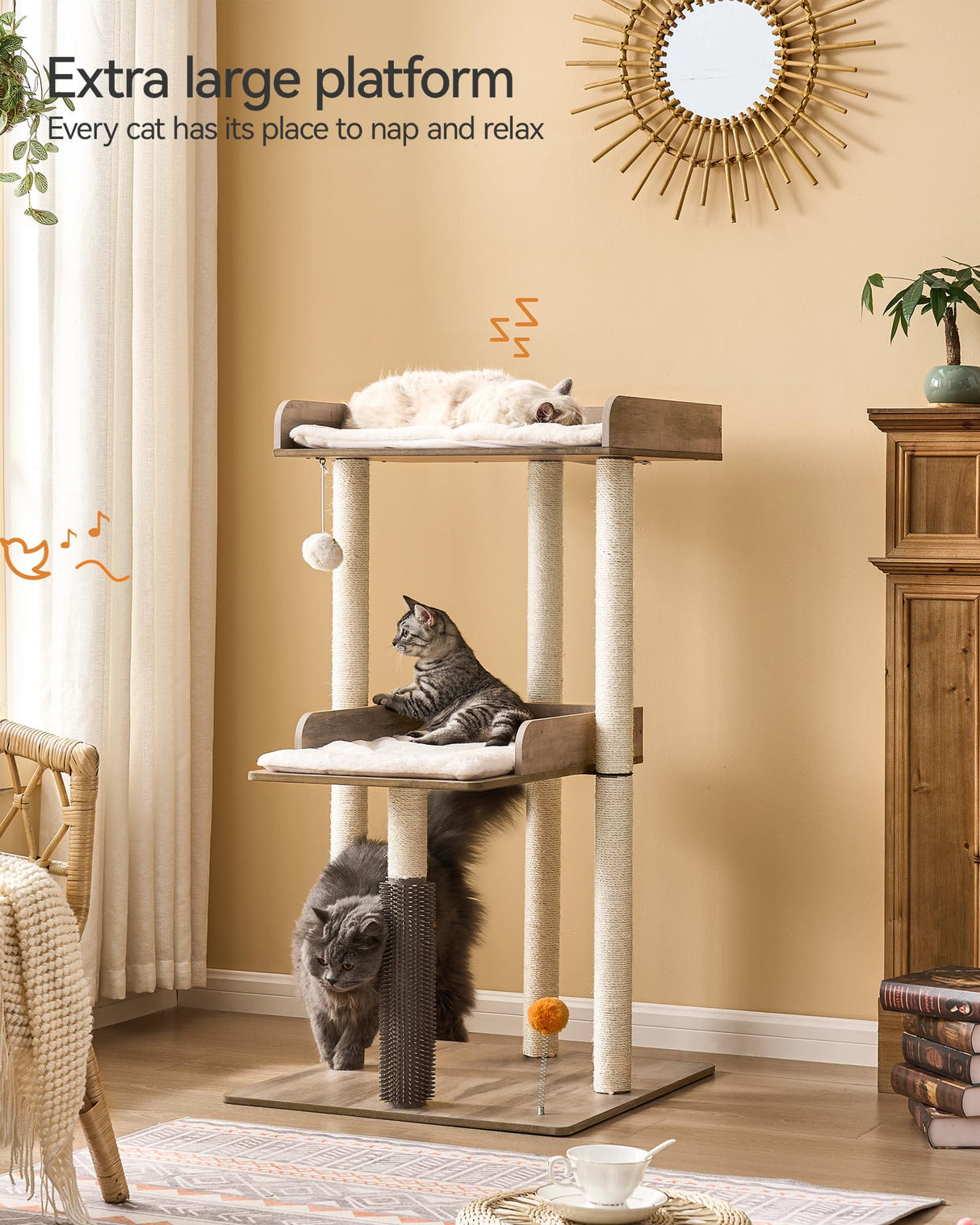 FourFurPets 43.7" Cat Tree, Modern Cat Tree Tower, Cat Tower for Indoor Cats Large Adult, Cat Condo with Scratching Post, Large Perch and Removable Pads, Greige FourFurPets