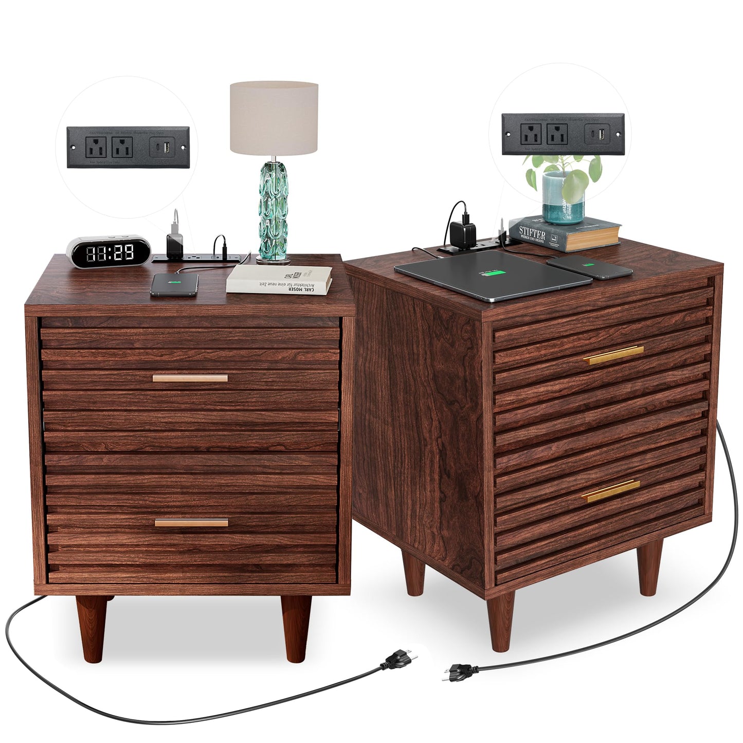 Night Stand with Charging Station Set of 2, Side Table with 2 Drawers, Mid Century Modern End Table with Storage, Wood Bedside Table with USB Ports and Outlets, Nightstand for Bedroom, Brown  - WoodArtSupply