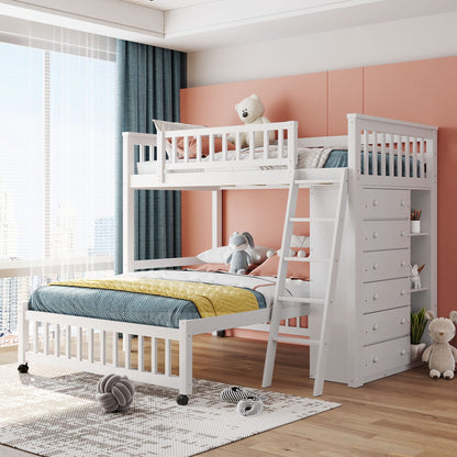 Harper & Bright Designs Twin Over Full Bunk Bed with Storage, Solid Wood Loft Bunk Bed with 6 Drawers and 3 Flexible Shelves,for Kids Teens Adults (White)