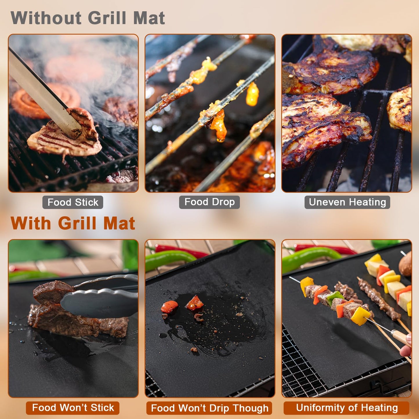 Eisinly Grill Mats for Outdoor Grill, Set of 6 Reusable Baking Mat Non Stick Heat Resistant Grilling Mat, Grill Accessories Works on Gas Charcoal and Electric BBQ, 15.75 x 13-inch, Black