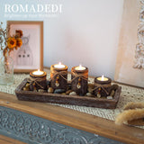 Farmhouse Coffee Table Decor Candle Holder - Romadedi Boho Wooden Tray with 4 Tealight Candles Holders for Tables Centerpiece Home Decorations Living Room Fireplace Kitchen Romadedi