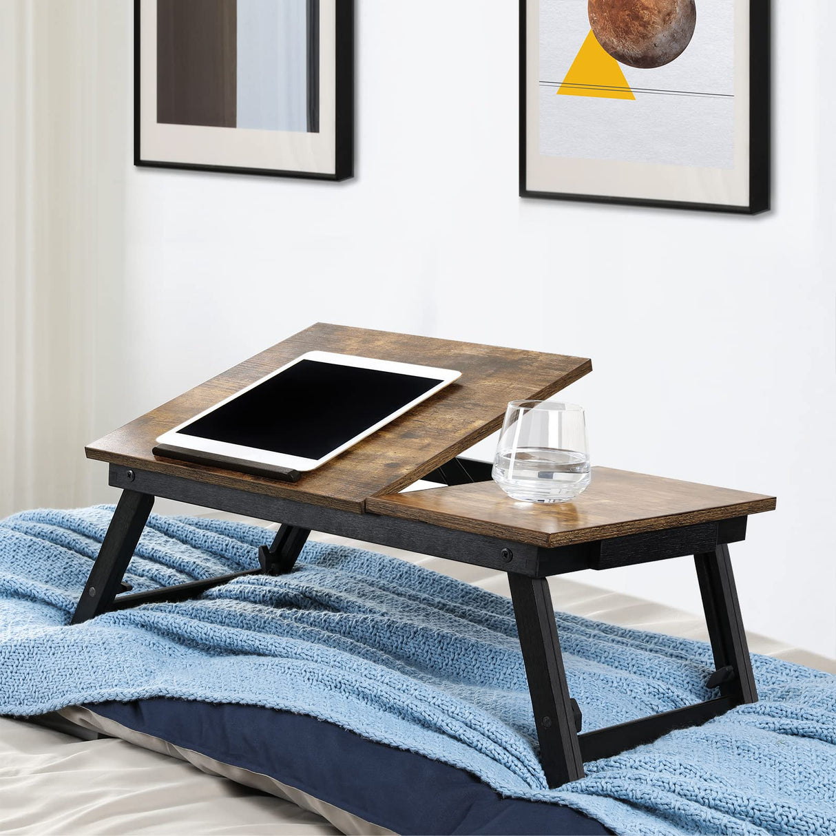 SONGMICS Laptop Desk for Bed or Sofa with Adjustable Tilting Top, Breakfast Serving Tray with Height Adjustable Folding Legs, Fits Screen Size up to 15.6 Inches, Floor Desk, Rustic Brown ULLD105B01 SONGMICS