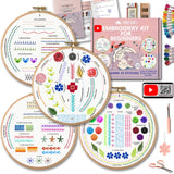 Moni Crafts Embroidery Kit for Beginners – DIY Hand Embroidery Set for Adults and Kids with 4 Stamped Patterns, Hoop, Threads, Needles and Step-by-Step Stitch Guide to Learn 33 Stitches Moni Crafts