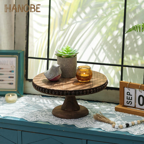 Hanobe Round Wood Cake Stand: Cupcake Pedestal Stand 12 inch Dessert Display Riser Distressed Rustic Cakes Holder Tray Vintage Beads Wooden Plate for Wedding Birthday Decor Hanobe