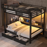 Full over Full Bunk Bed with Storage Shelves and Drawers, Metal Bunk Beds with Lights and USB Ports, Lower Bunkbed Can be Converted, for Guest Room, Bedroom, Dorms, Muti-function and Noise-Free, Black Bellemave