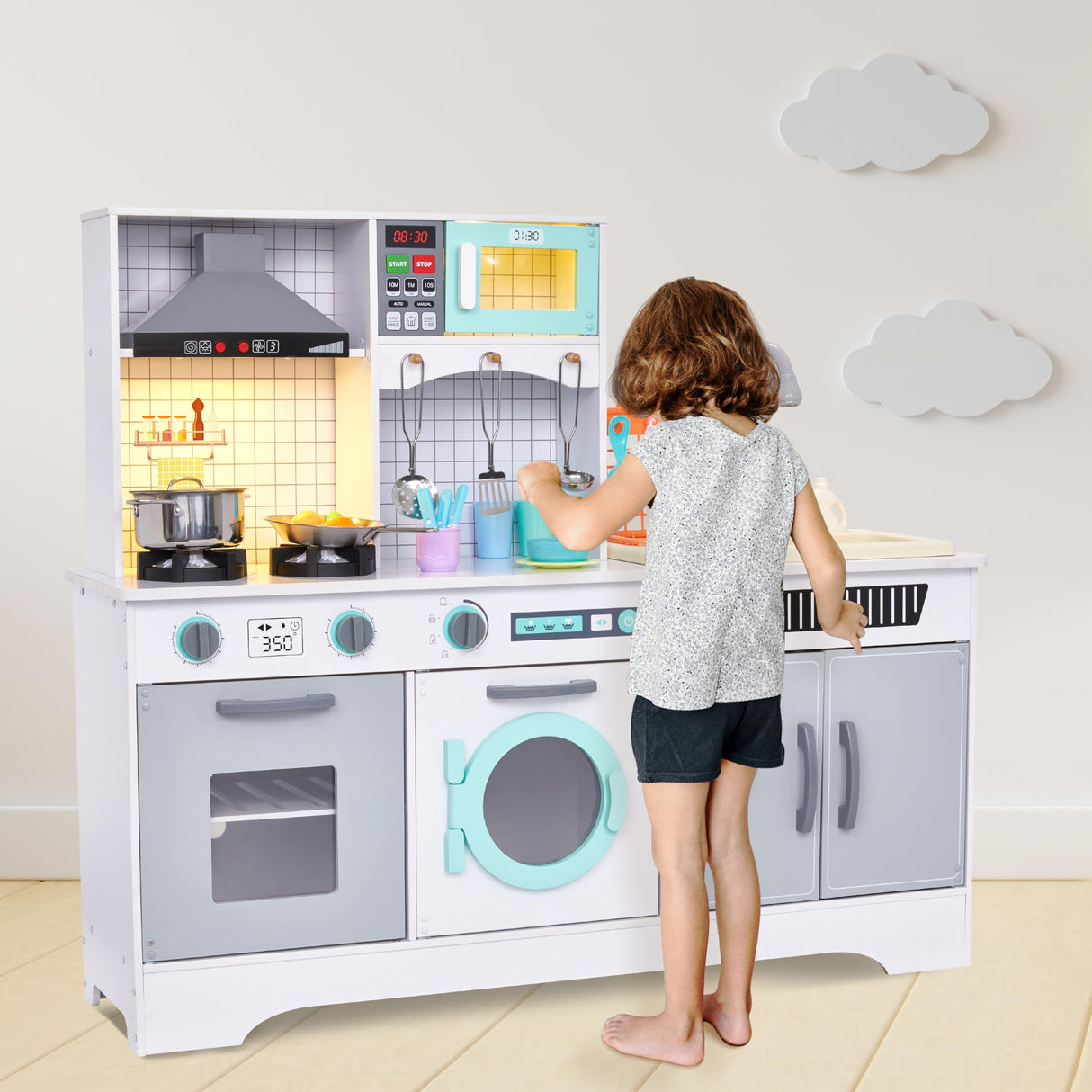 Lil’ Jumbl Kids Wooden Kitchen Set, Pretend Working Sink with Real Running Water, Includes Range Hood, Microwave & Stove Top That Make Realistic Sound & Light, Full Accessory Set Included Lil' Jumbl